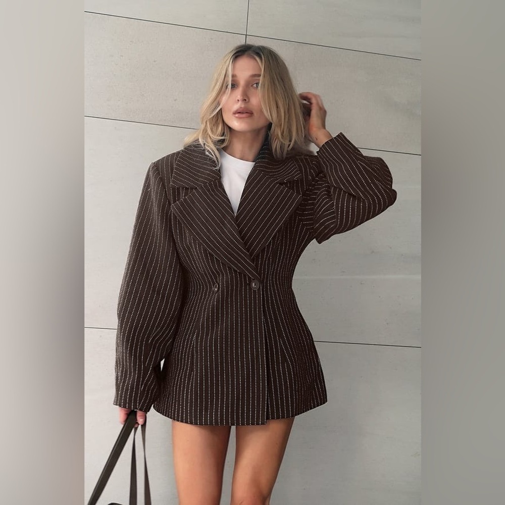 NA-KD Brown Wool Pinstripe Blazer Barrel Old Money Quiet Luxury 90s Retro Fall 6 - Picture 2 of 12